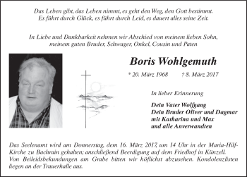 Traueranzeige von Boris Wohlgemuth 