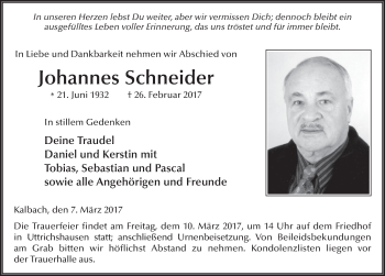 Traueranzeige von Johannes Schneider 