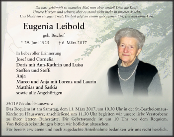 Traueranzeige von Eugenia Leibold 