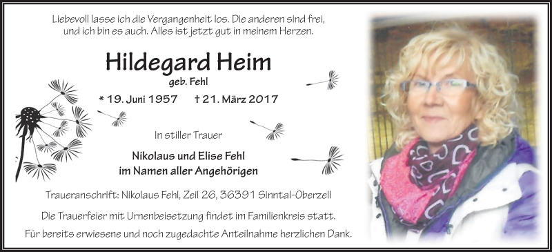  Traueranzeige für Hildegard Heim vom 30.03.2017 aus 
