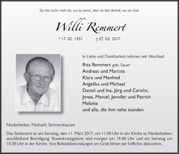 Traueranzeige von Willi Remmert 