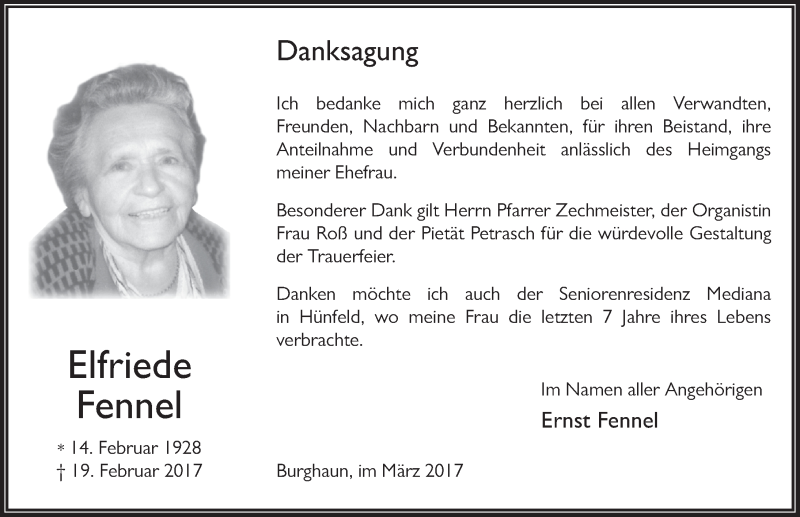  Traueranzeige für Elfriede Fennel vom 25.03.2017 aus 
