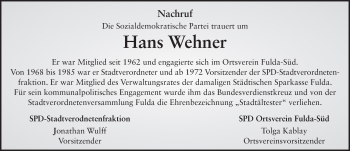 Traueranzeige von Hans Wehner 