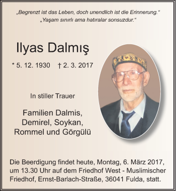Traueranzeige von Ilyas Dalmis 