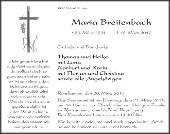 Traueranzeige von Maria Breitenbach 