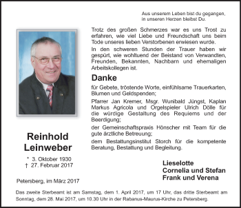 Traueranzeige von Reinhold Leinweber 