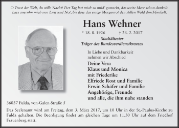 Traueranzeige von Hans Wehner 