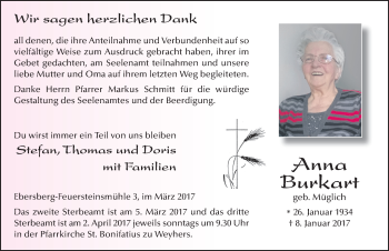 Traueranzeige von Anna Burkart 