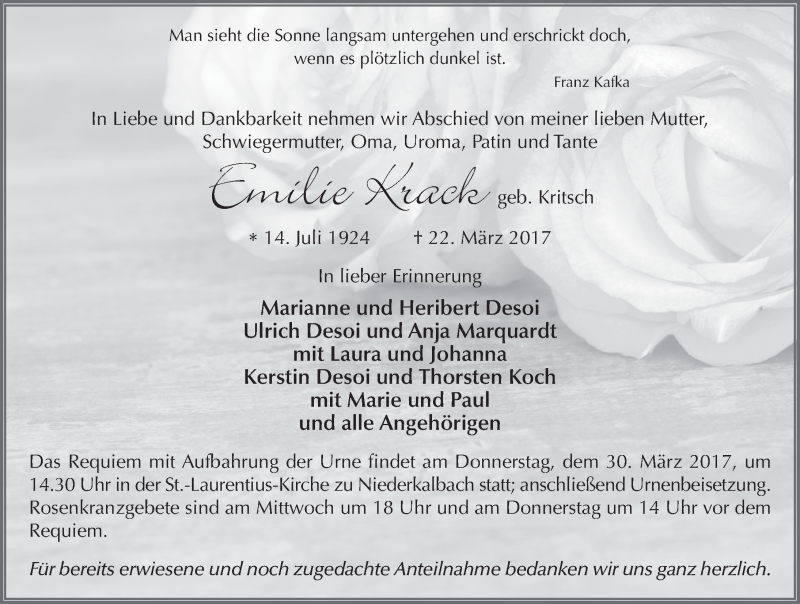  Traueranzeige für Emilie Krack vom 28.03.2017 aus 