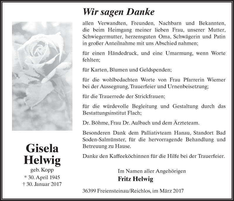  Traueranzeige für Gisela Helwig vom 18.03.2017 aus 