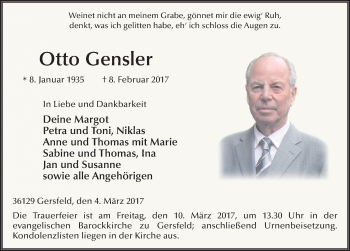 Traueranzeige von Otto Gensler 