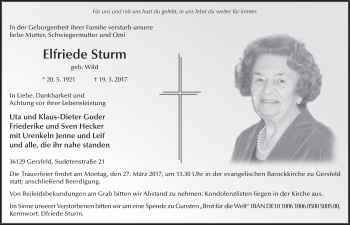 Traueranzeige von Elfriede Sturm 