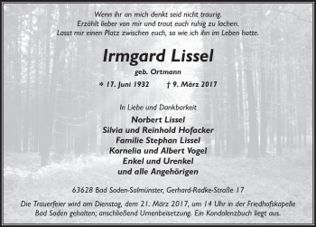 Traueranzeige von Irmgard Lissel 