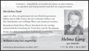 Traueranzeige von Helma Lang 