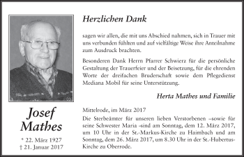 Traueranzeige von Josef Mathes 