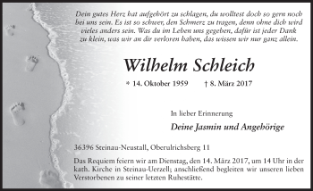 Traueranzeige von Wilhelm Schleich 