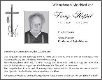 Traueranzeige von Franz Happel 