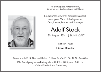Traueranzeige von Adolf Stock 
