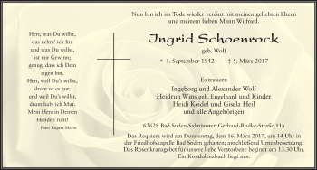 Traueranzeige von Ingrid Schoenrock 