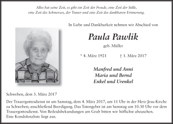 Traueranzeige von Paula Pawlik 
