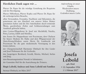 Traueranzeige von Josefa Leibold 
