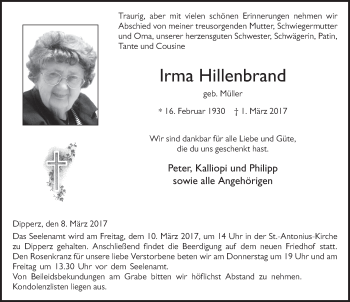 Traueranzeige von Irma Hillenbrand 