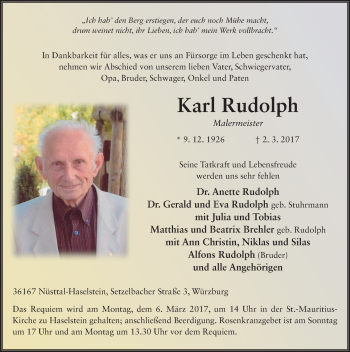 Traueranzeige von Karl Rudolph 
