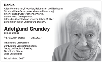 Traueranzeige von Adelgund Grundey 