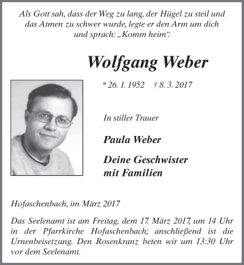 Traueranzeige von Wolfgang Weber 