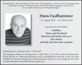 Traueranzeige von Hans Faulhammer 