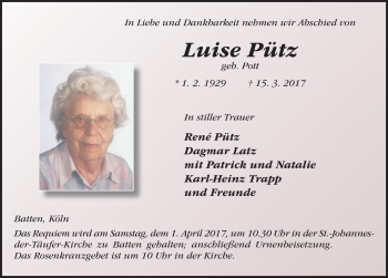 Traueranzeige von Luise Pütz 