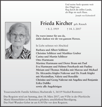 Traueranzeige von Frieda Kircher 