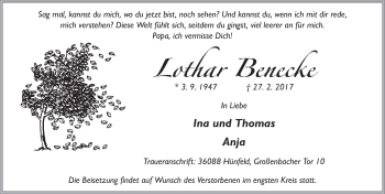 Traueranzeige von Lothar Benecke 