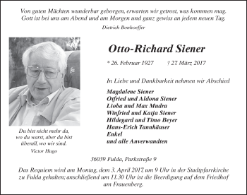 Traueranzeige von Otto-Richard Siener 
