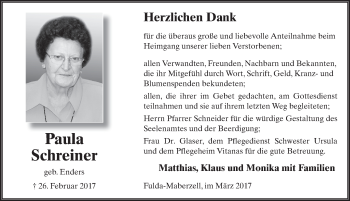 Traueranzeige von Paula Schreiner 