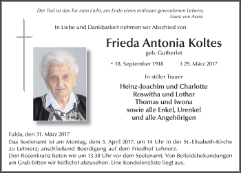 Traueranzeige von Frieda Antonia Koltes 