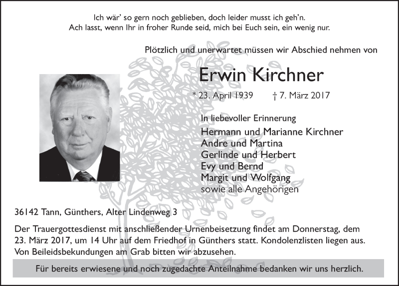  Traueranzeige für Erwin Kirchner vom 20.03.2017 aus 