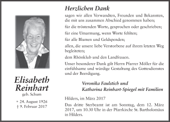 Traueranzeige von Elisabeth Reinhart 