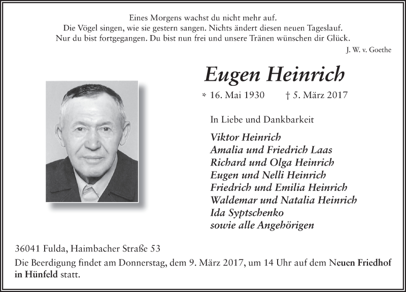  Traueranzeige für Eugen Heinrich vom 07.03.2017 aus 