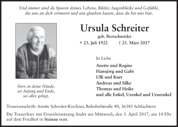 Traueranzeige von Ursula Schreiter 