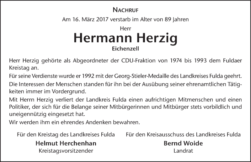  Traueranzeige für Hermann Herzig vom 24.03.2017 aus 