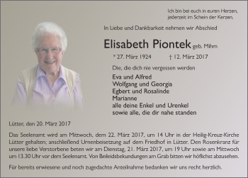 Traueranzeige von Elisabeth Piontek 