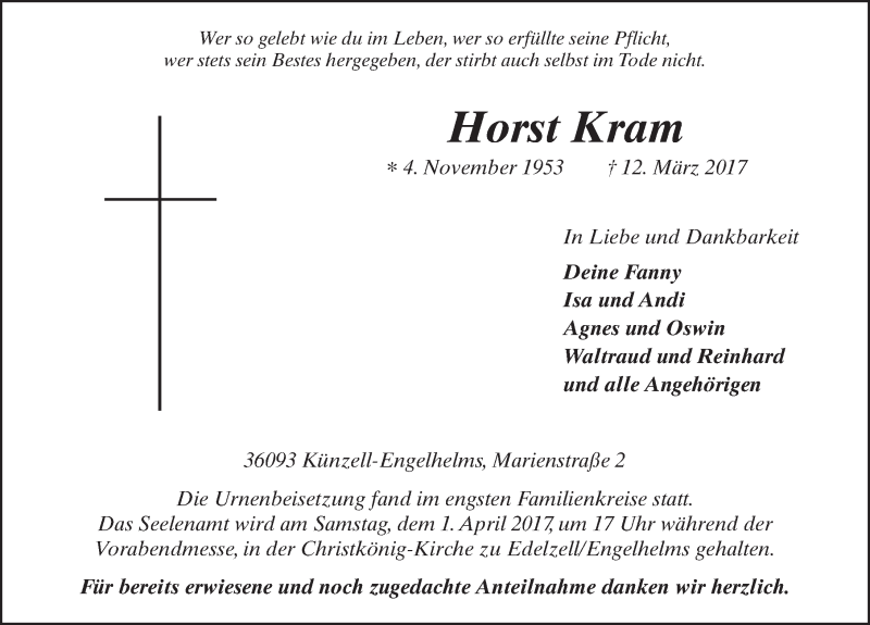  Traueranzeige für Horst Kram vom 30.03.2017 aus 