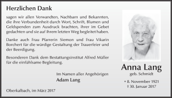 Traueranzeige von Anna Lang 