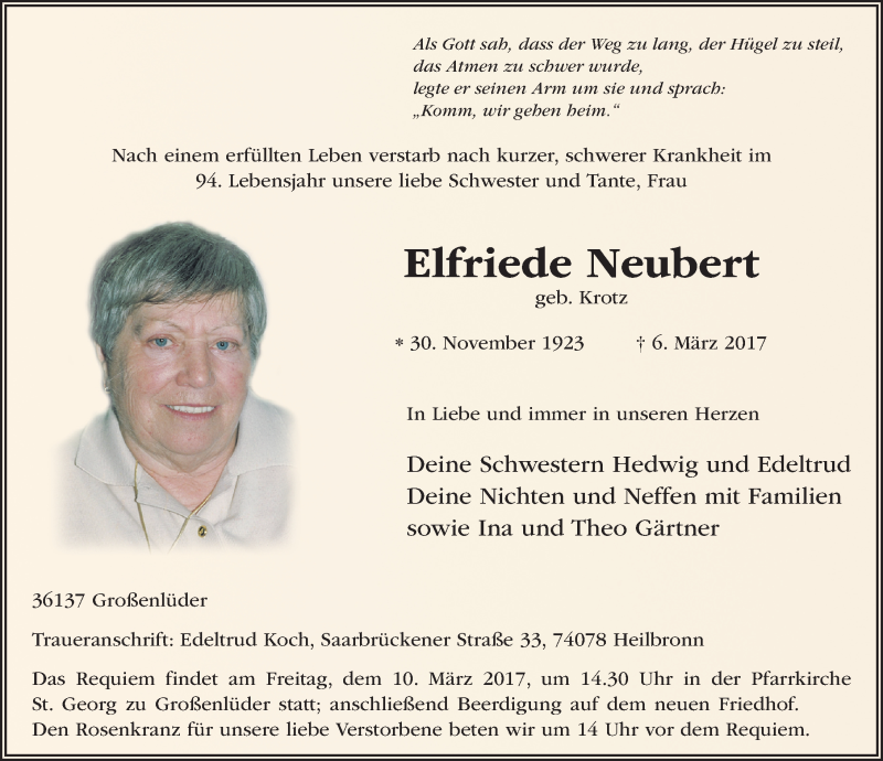  Traueranzeige für Elfriede Neubert vom 09.03.2017 aus 