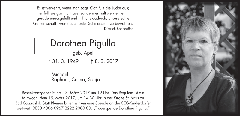  Traueranzeige für Dorothea Pigulla vom 11.03.2017 aus 