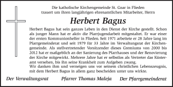 Traueranzeige von Herbert Bagus 