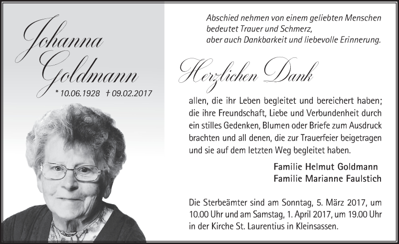  Traueranzeige für Johanna Goldmann vom 04.03.2017 aus 