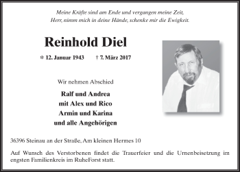 Traueranzeige von Reinhold Diel 