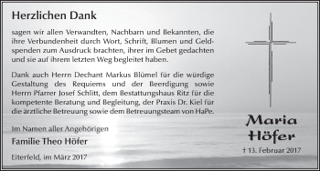 Traueranzeige von Maria Höfer 